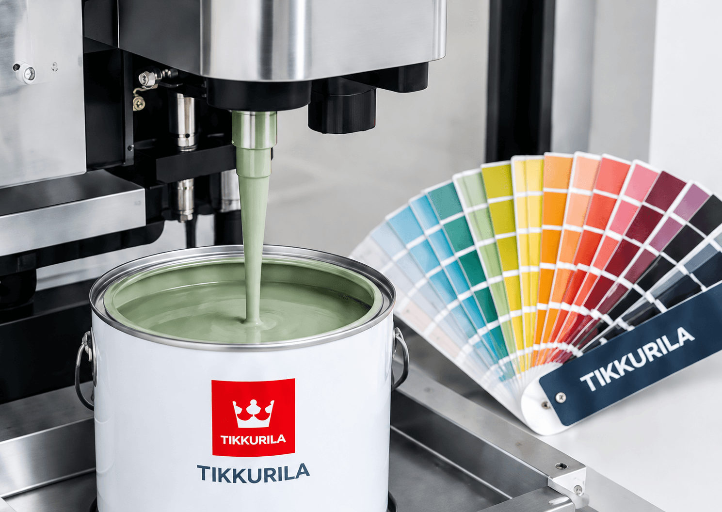 Колеровочная машина Tikkurila с банкой краски и веером цветов